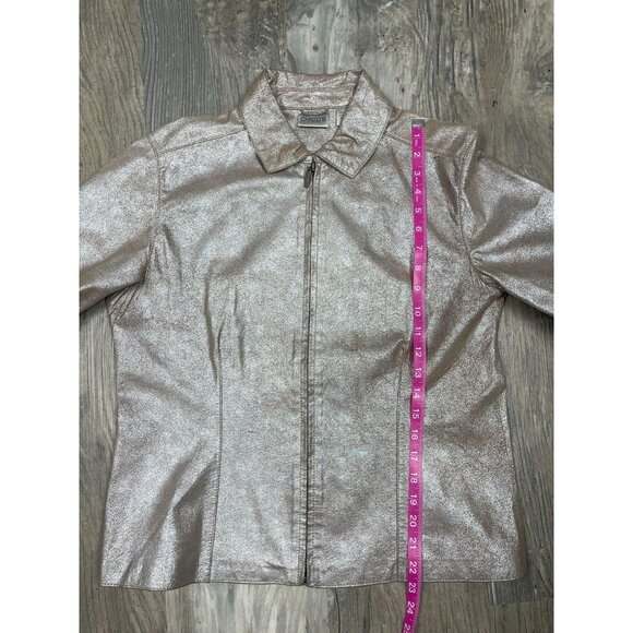 Chicos Gold Metallic 100% Leather Jacket Size 1 Medium 8 Full Zip Collared - Picture 6 of 6